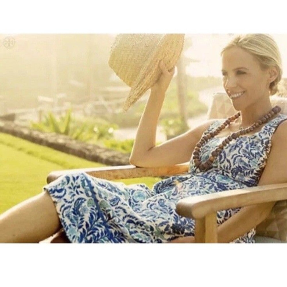 Tory Burch Ramona Fit & Flare Dress Floral Blue Silk Blend celeb Runway 12 $450 - Picture 6 of 16